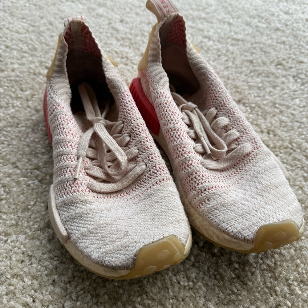 adidas NMD R1 Cream and Pink Athletic Shoes with Knit Upper